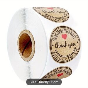 Hand Made With Love - Thank You 500 Stickers Roll - Kraft Paper